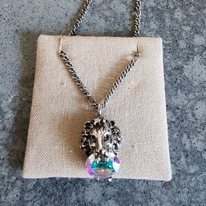 Silver Lion Pendant Necklace with Iridescent Gem